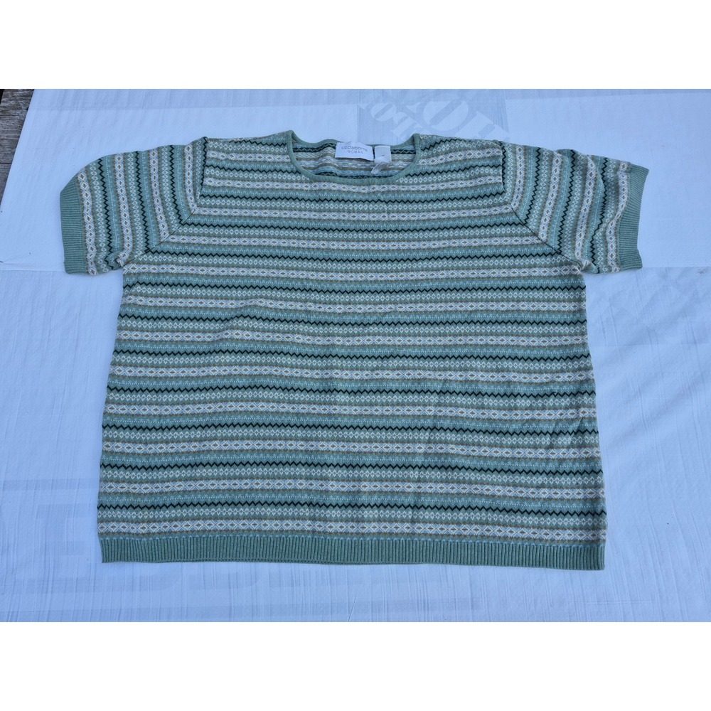 Liz Claiborne Woman 2X Green Fair Isle Cotton Short Sleeve Knit Sweater Top